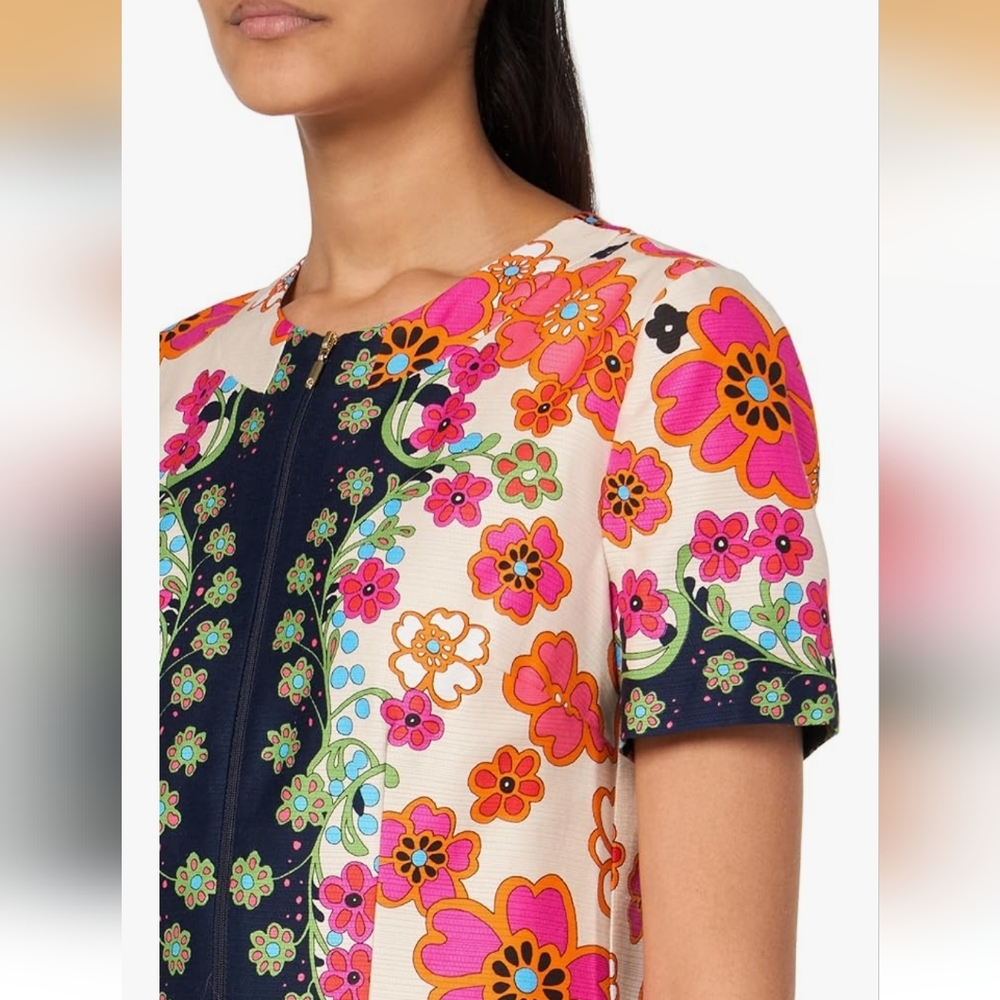 Trina Turk Pink Floral Mini Dress with Navy Trim - Picture 3 of 5